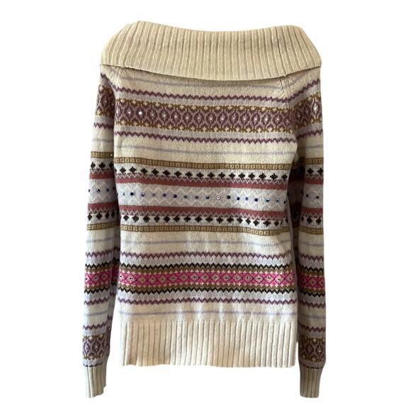 Old Navy Colorful Embellished Lambs’ Wool Sweater Woman Size Large Off Shoulder - Picture 4 of 9